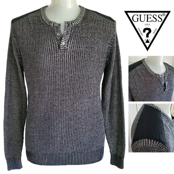 Guess Other - GUESS Men's 100% Cotton Henley Black & White Knit Patch Shoulder Sweater Size XL